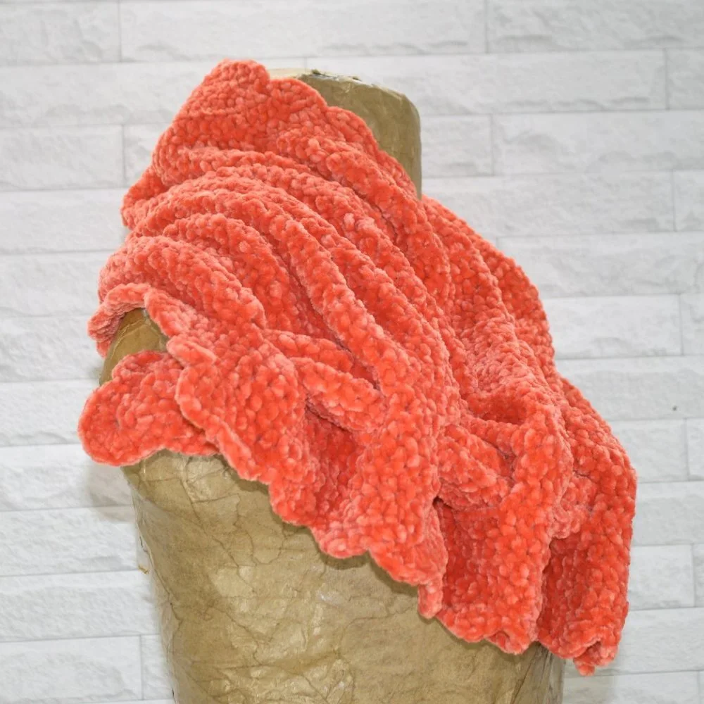 HAND CRAFTED Scarf Crochet Chenille Wrap Asymmetrical Oversized Chunky Orange